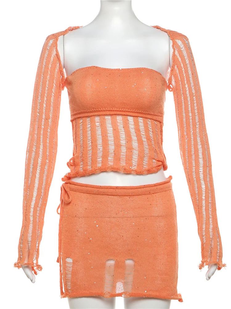 Weird Puss Knit Women 3 Piece Set See Through Hollow Crochet Crop TopsStrapless TopsMini Skirts Sexy Midnight Clubwear Outfits 250314