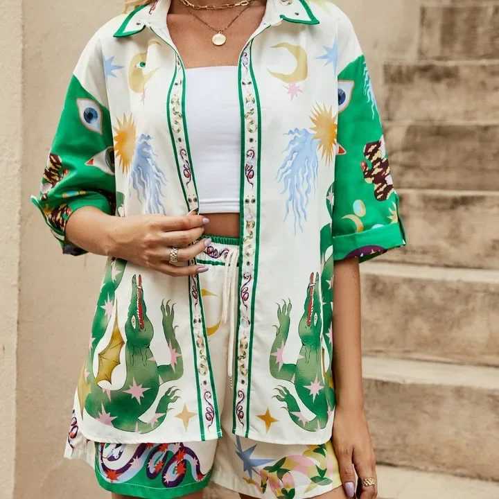 Women's Two Piece Pants 2025 Summer Women Flowers Design Printed 2 Piece Set Short Slve Shirt Blouse Top Loose Shorts Female Suit Hawaii Holiday 