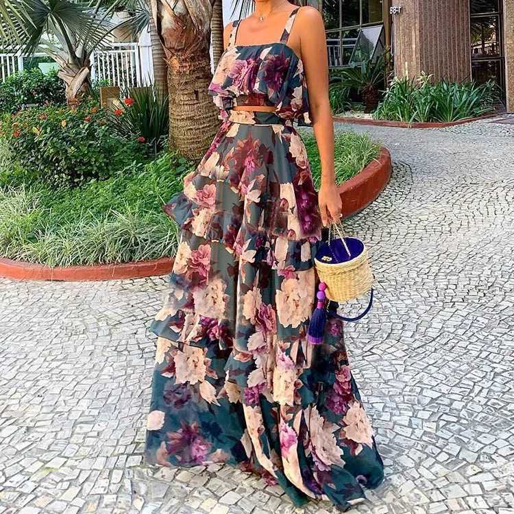 Two Piece Dress 2025 Autumn New Beach Resort Style Printed Two-piece Suspender Top Cake Skirt Long Skirt Suit for Women Womens Two Pieces Set Y2503156