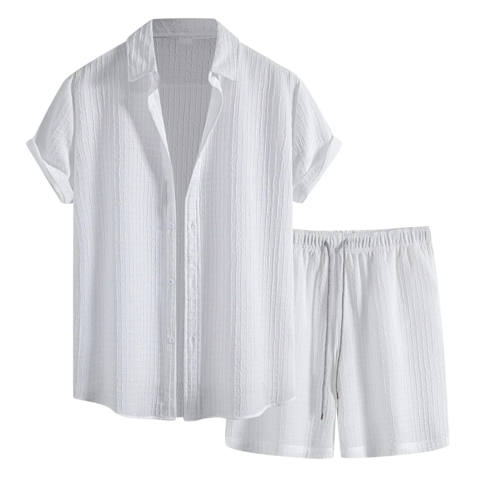 Mens Casual Waffle Shirt Suit Two Piece Solid Short Sleeved Shirt And Shorts Suit Harajuku Casual T-Shirt And Shorts Set 250314