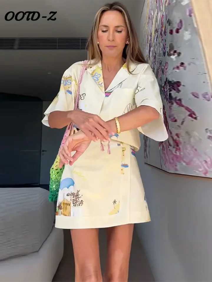 Two Piece Dress Flip collar single chest womens shirt set wide leg high waist womens shorts set 2025 casual chic leisure vacation womens set Y2503156L