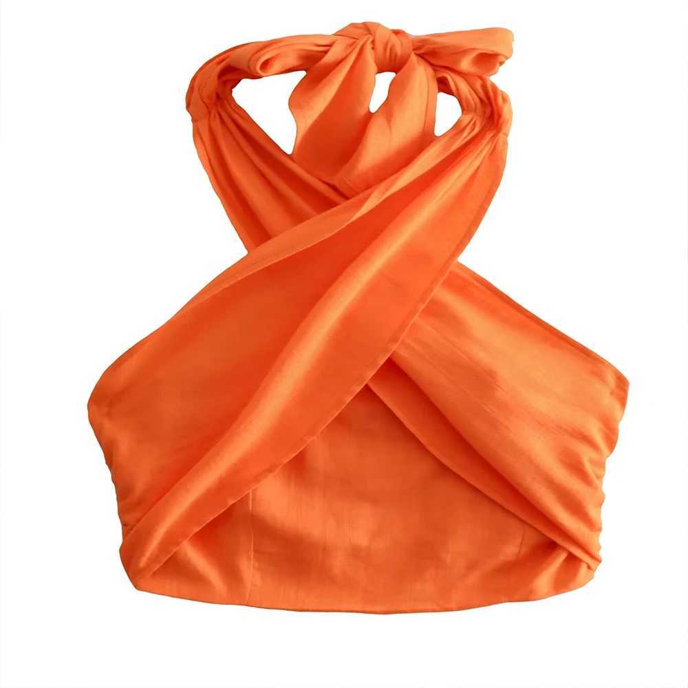 Two Piece Dress INS Fashion Vibrant Orange Front Cross Design Back Pleated Short Womens Sexy Cotton Linen Blended Tank Top ZATAF 2025 New Style Y25031
