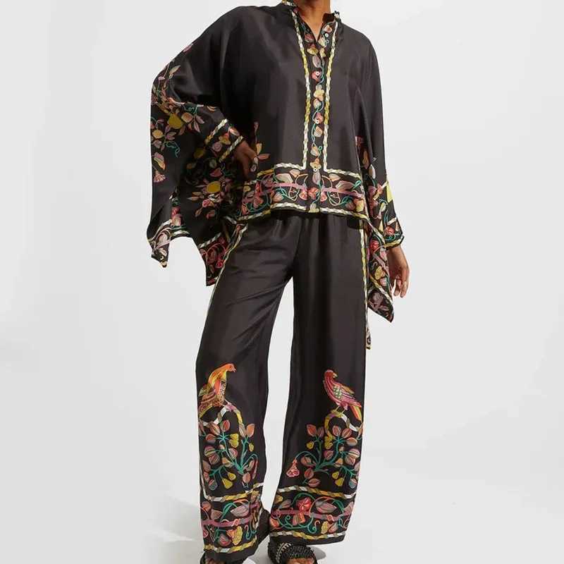 Women's Two Piece Pants Fashion O-neck Button Long Slve Shirts Long Pant Outfits Women Elegant Pattern Print Loose Suits Casual Wide Legger 2Pc S