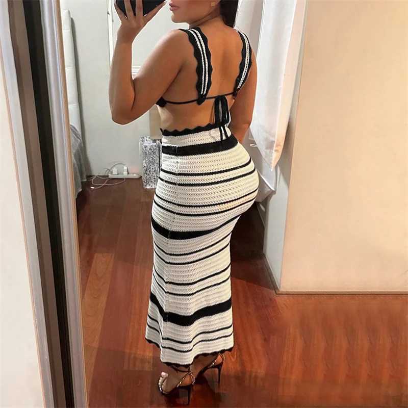 Two Piece Dress Lamuusaa Vacation Set Womens 2025 Stripe Printed Slvel Crop Top and Waist Long Tight Beach Suit Two Piece Set Y25031535IK