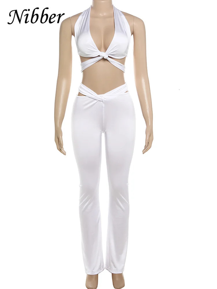 Nibber Knot Hollow 2 Piece Set Women Midnight Cross Halter Tank TopsPanelled Stripes Low Waist Pants Clubwear Matching Suit 250314