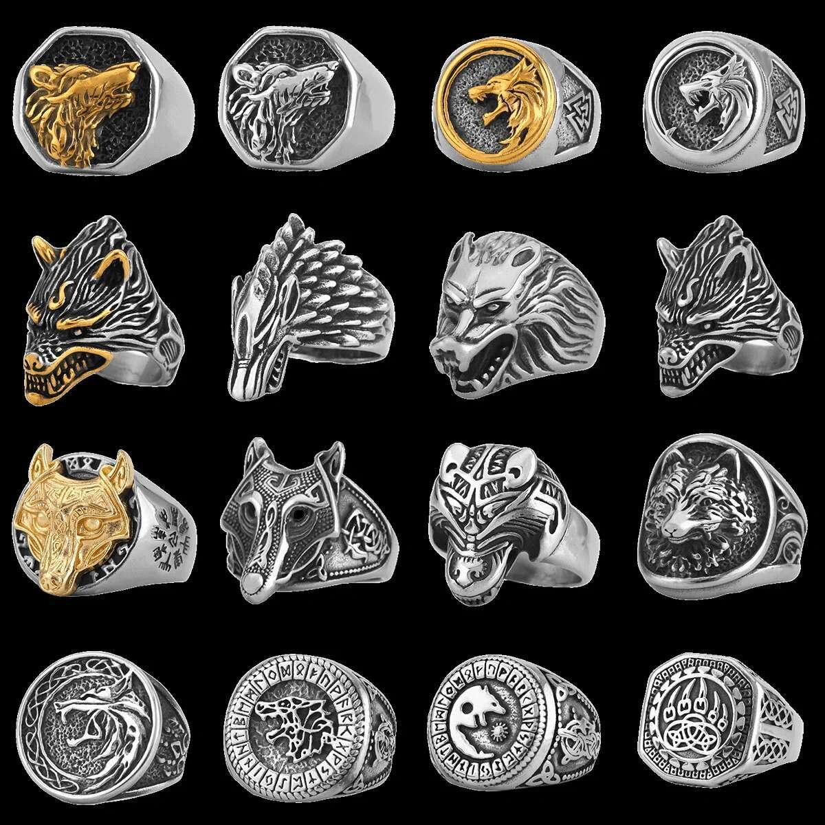 2025 New model Vintage Animal Wolf Head Amulet Viking Men Stainless Steel Teen Nordic Fashion Multi Style Ring Charm Jewelry Gift Unisex