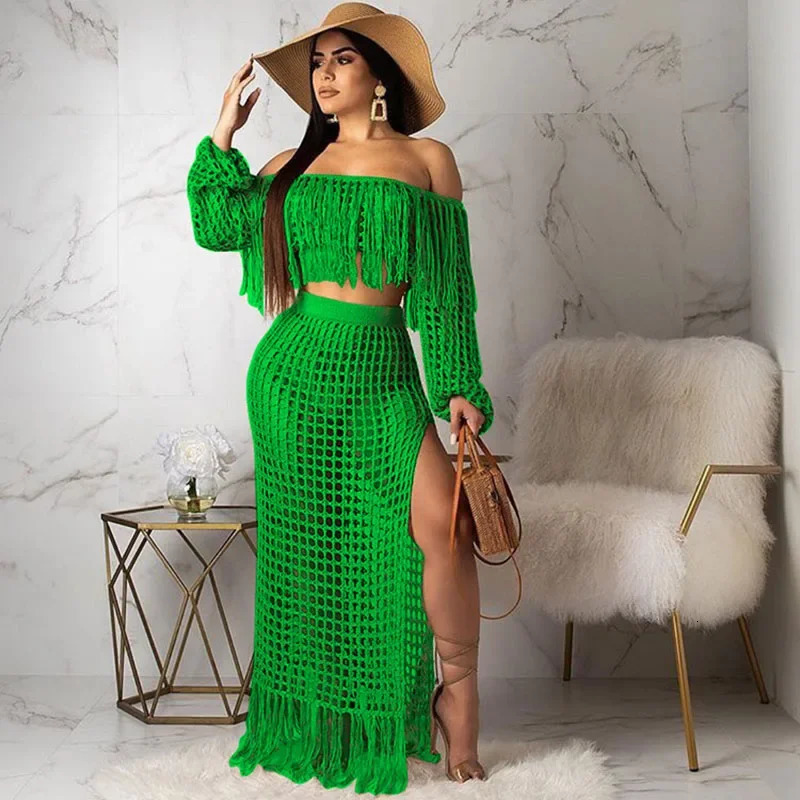 Sexy Fringed Tassel Summer Sets Outfits Women Beachwear Holiday Knit Crochet Hollow Out See Through Party Maxi Dress Vacation 250314