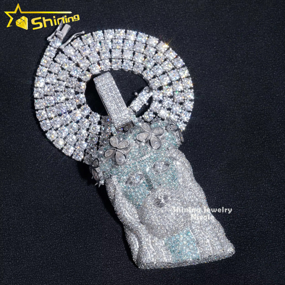 Hip Hop Style Blue Green Diamond Personalized 925 Silver Moissanite Jesus Head Pendant With Tennis Chain