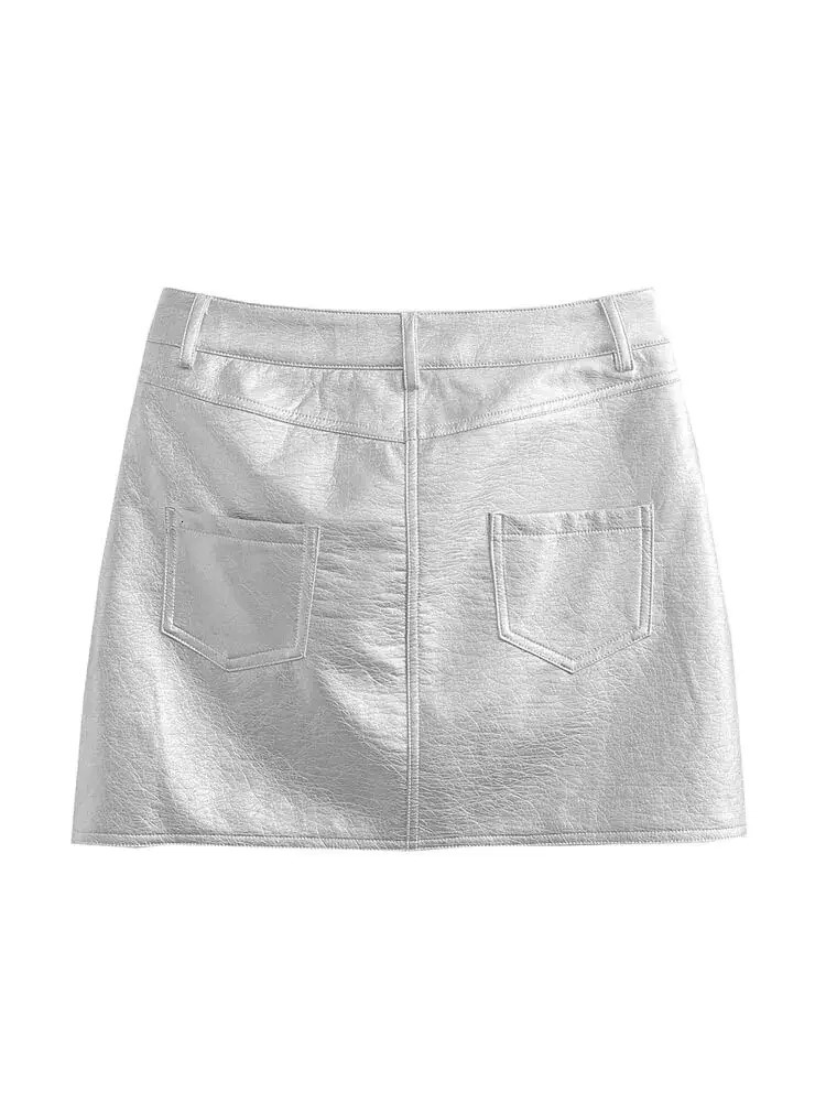TRZA Women Fashion Front Pockets Faux Leather Silver Mini Skirt Vintage High Waist Zipper Fly Female 250312