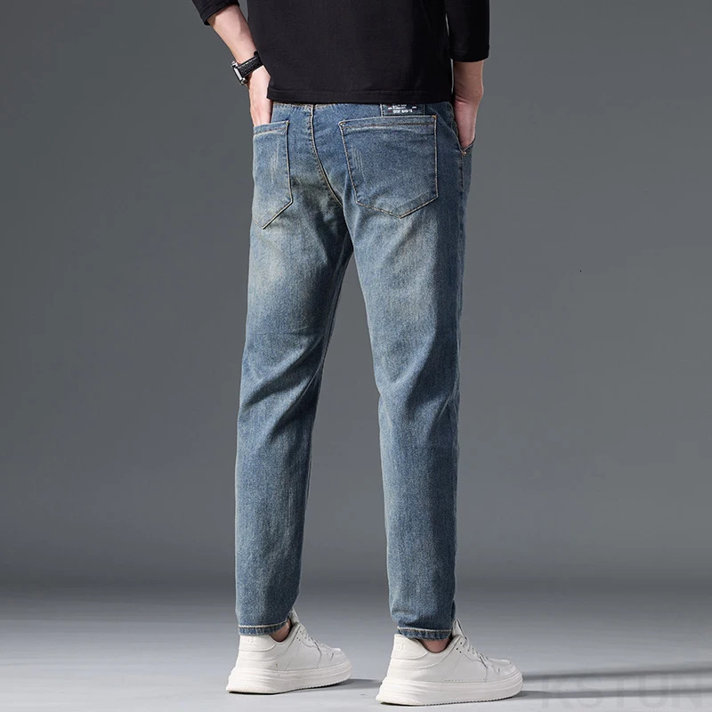 KSTUN Stretch Jeans Men Slim Fit Anklelength Pants Retro Blue Denim Fashion Pockets Designer Mens Clothing Streetwear 250312