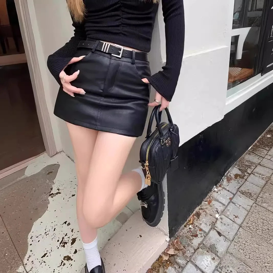 Plus Size 2024 Womens Mini Dress HighWaisted Brown ALine Skirt Petite Maillardpu Leather Summer Style BeltLength Female 250312