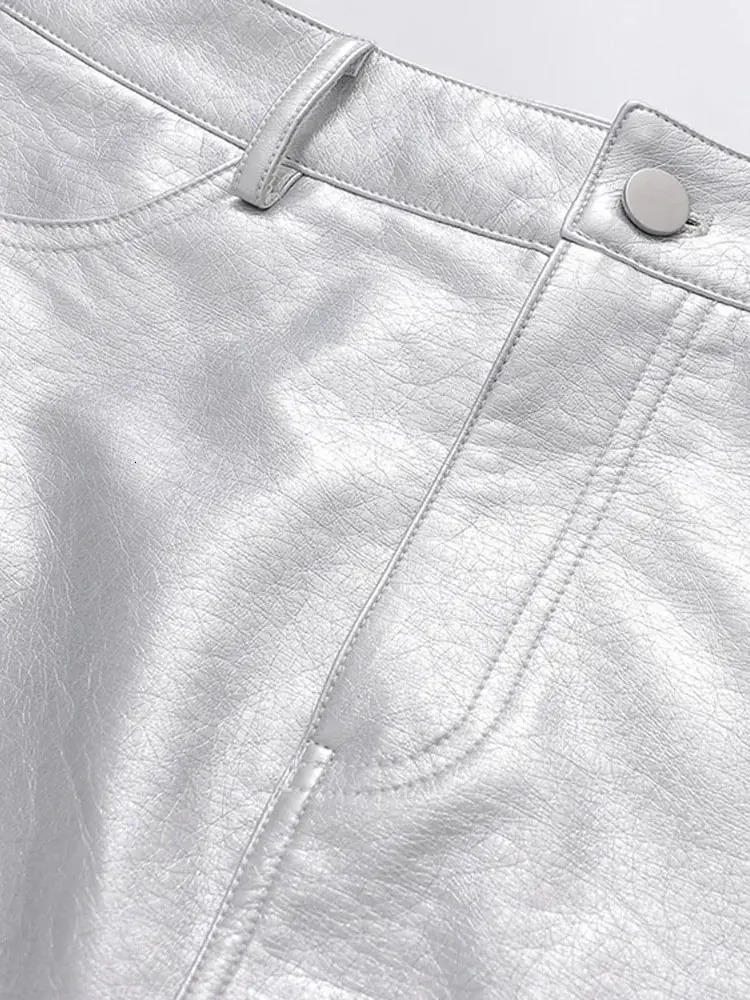 TRZA Women Fashion Front Pockets Faux Leather Silver Mini Skirt Vintage High Waist Zipper Fly Female 250312
