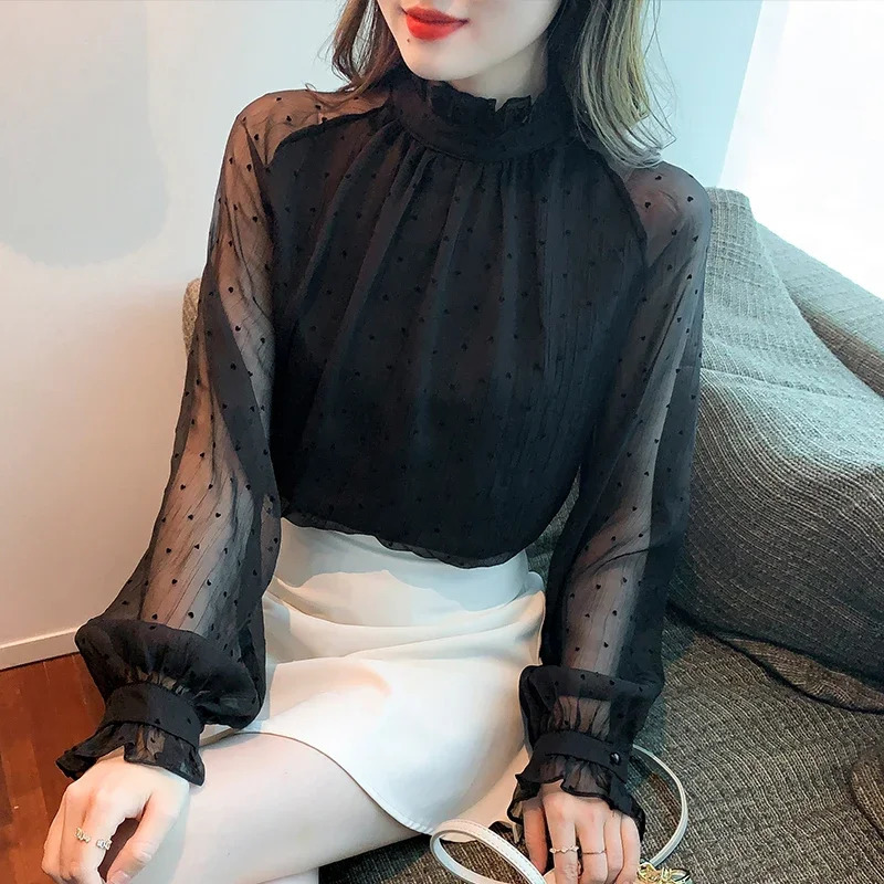 Spring Summer Vintage Black Mesh Womens Blouse 2025 Chiffon Stand Collar Long Sleeve Korean Office Shirts Female 250312