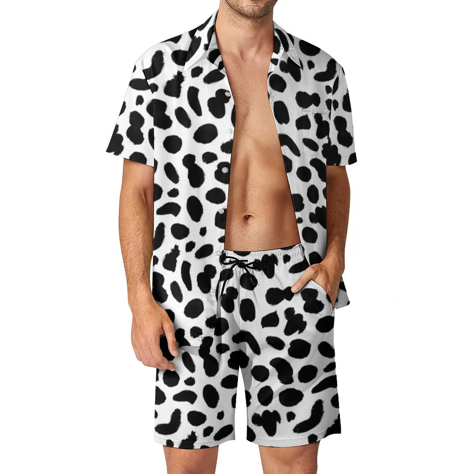 Dalmatian Print Men Sets Black and White Spots Casual Shirt Set Hawaii Outdoor Shorts Summer Suit Two-piece Plus Size 250314