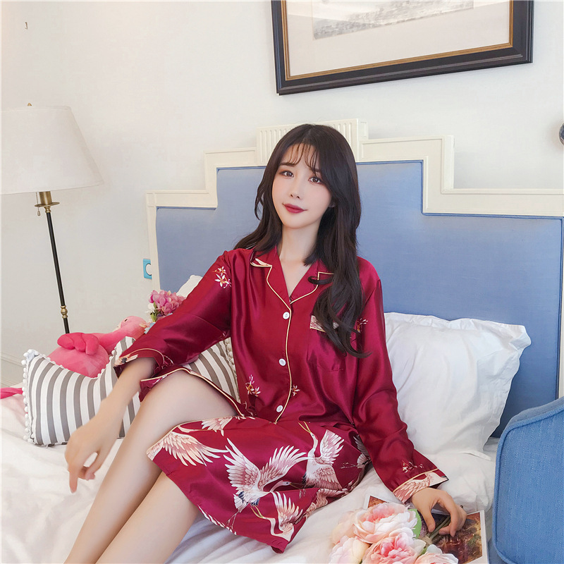 B171-Spring and autumn new ice silk pajamas women's long-sleeved crane plus-length nightdress imitation silk sexy ice silk large size home clothe