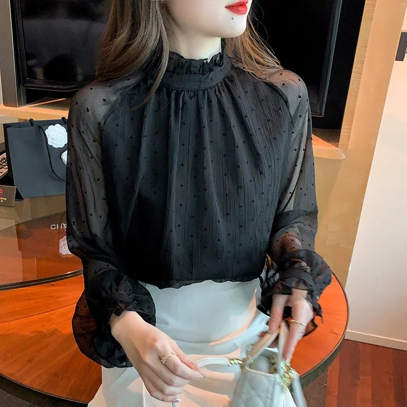 Spring Summer Vintage Black Mesh Womens Blouse 2025 Chiffon Stand Collar Long Sleeve Korean Office Shirts Female 250312