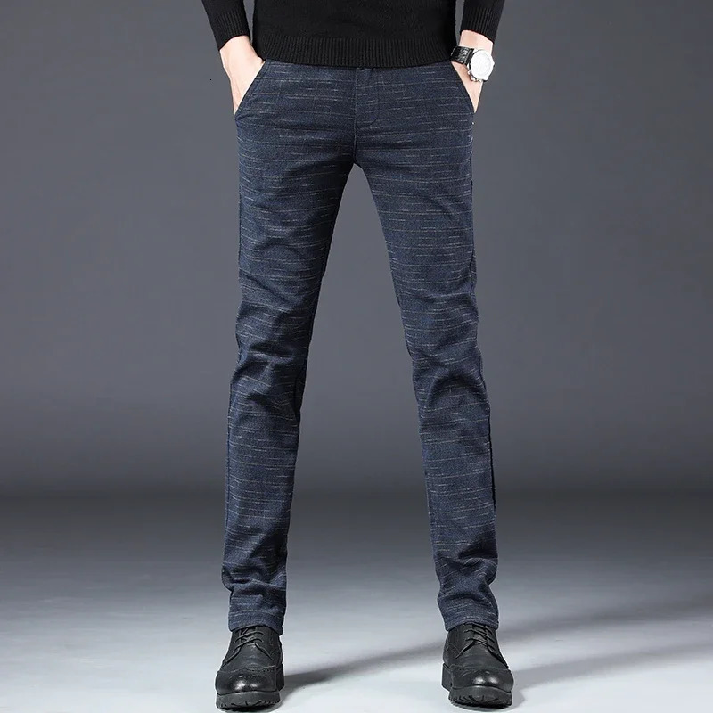 Autumn Winter Mens Brushed Slim Pants Cotton Linen Elastic Small Straight Plaid Business Casual Black Male Trousers 250311
