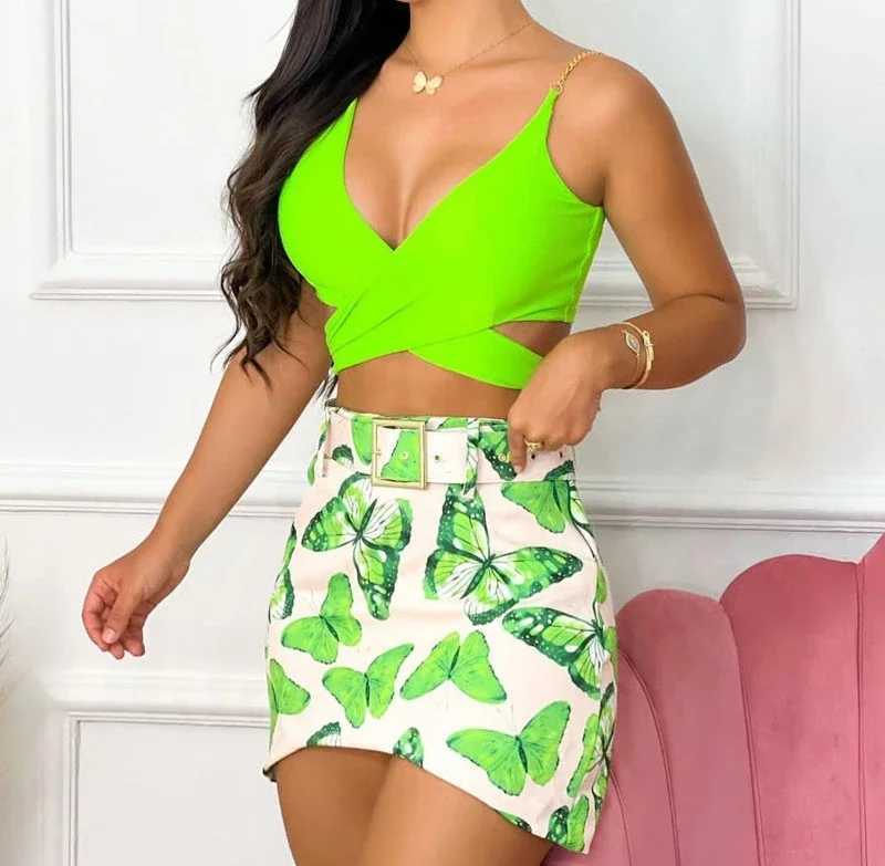 Two Piece Dress Sexy Mini Skirts Y2k Clothes Women Set Strtwear 2025 Spring and Summer Belt Hip Wrap Dr Printing Slvel Vest Suits Y250315328U