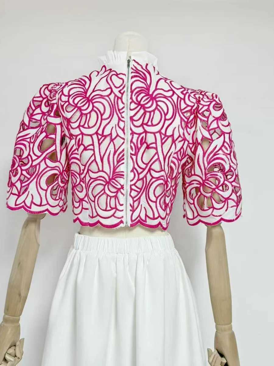 Two Piece Dress VGH Hit Color Two Piece Womens Stand up Collar Half Sleeve Top Splicing Hollow Midi Summer Elegant Set Womens New Style Y250315U3WG