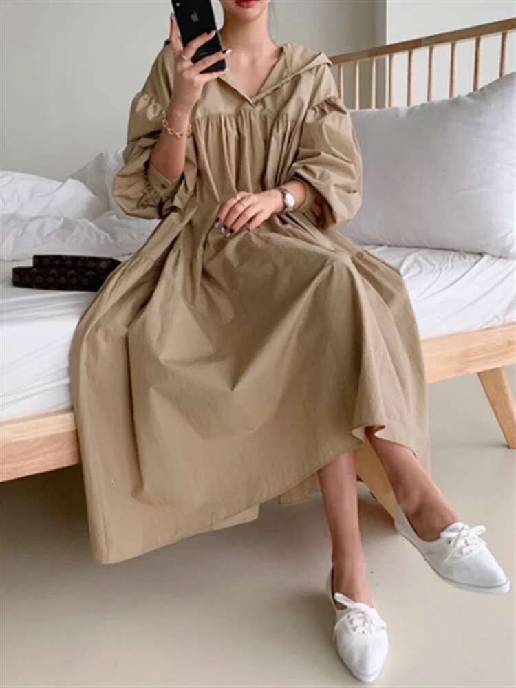 2025 new hooded oversized women's shirt dress designer fashion bubble sleeves solid color casual loose straight tube long skirt women's spri