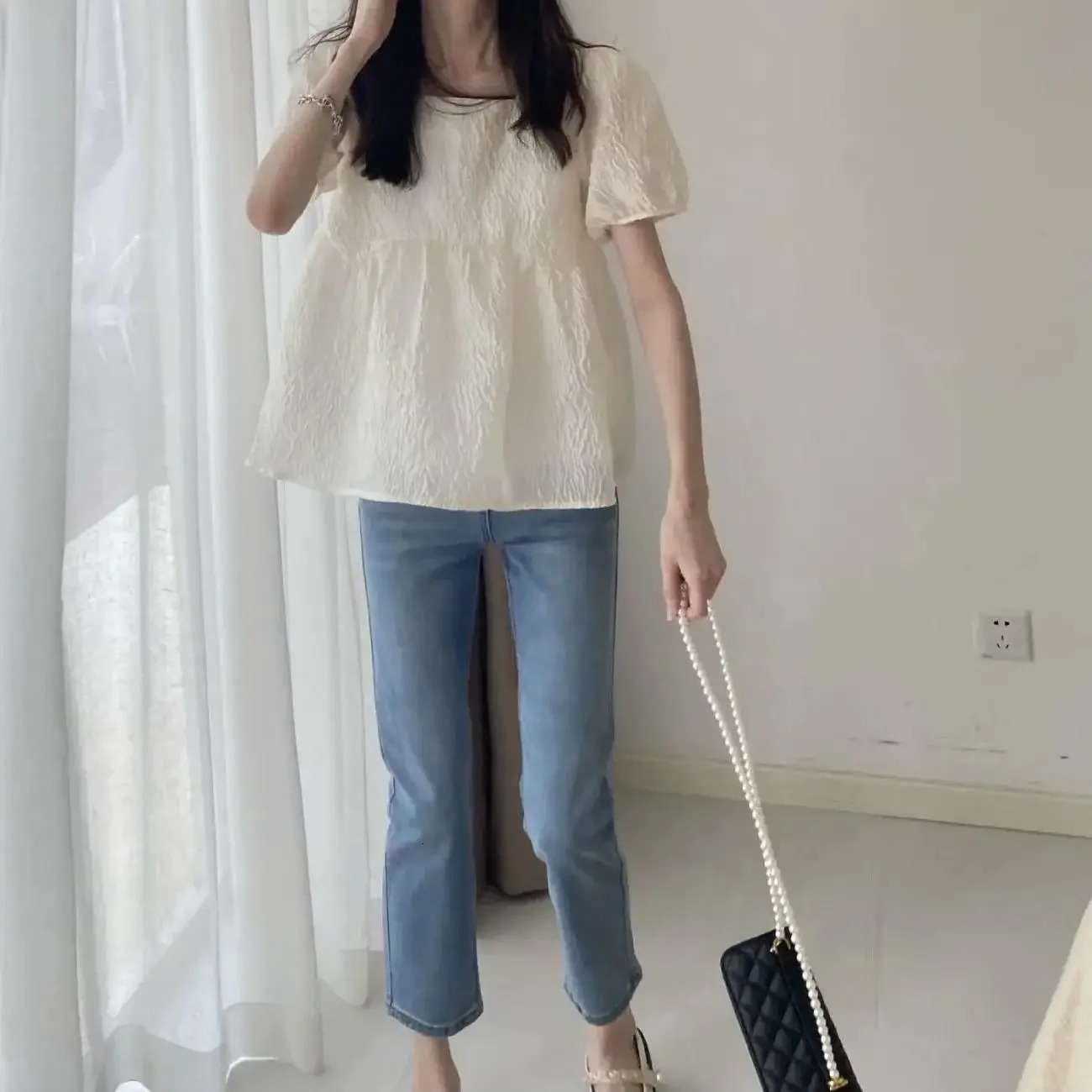 Womens XIYO Square Collarpuff Sleeve Short Top French Shape Doll Shirt Summer Meat Cover 250312
