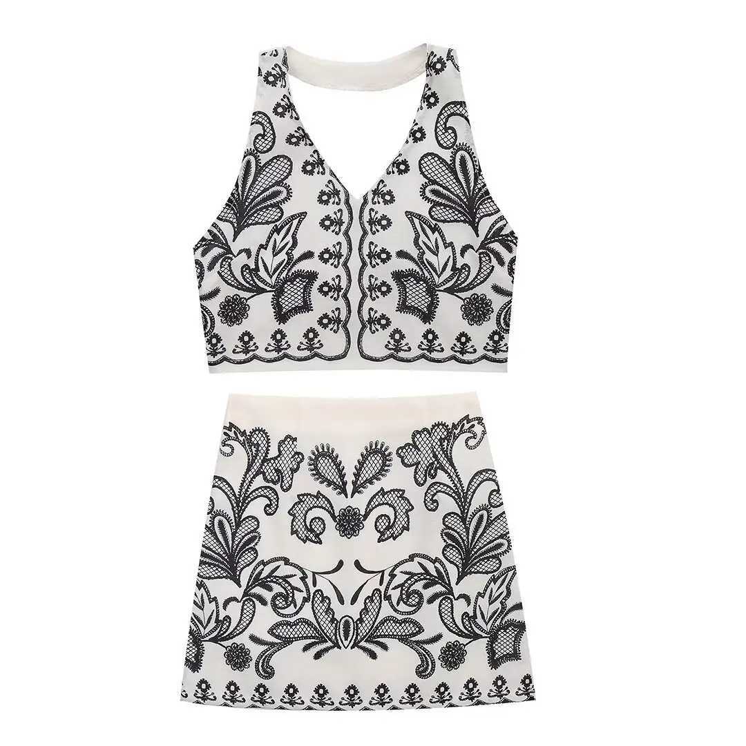 Two Piece Dress 2025 ZAR4 Summer New Womens Fashion and Stylish Versatile Linen Hanging Neck Top Half Skirt Set Y250315ZP6I