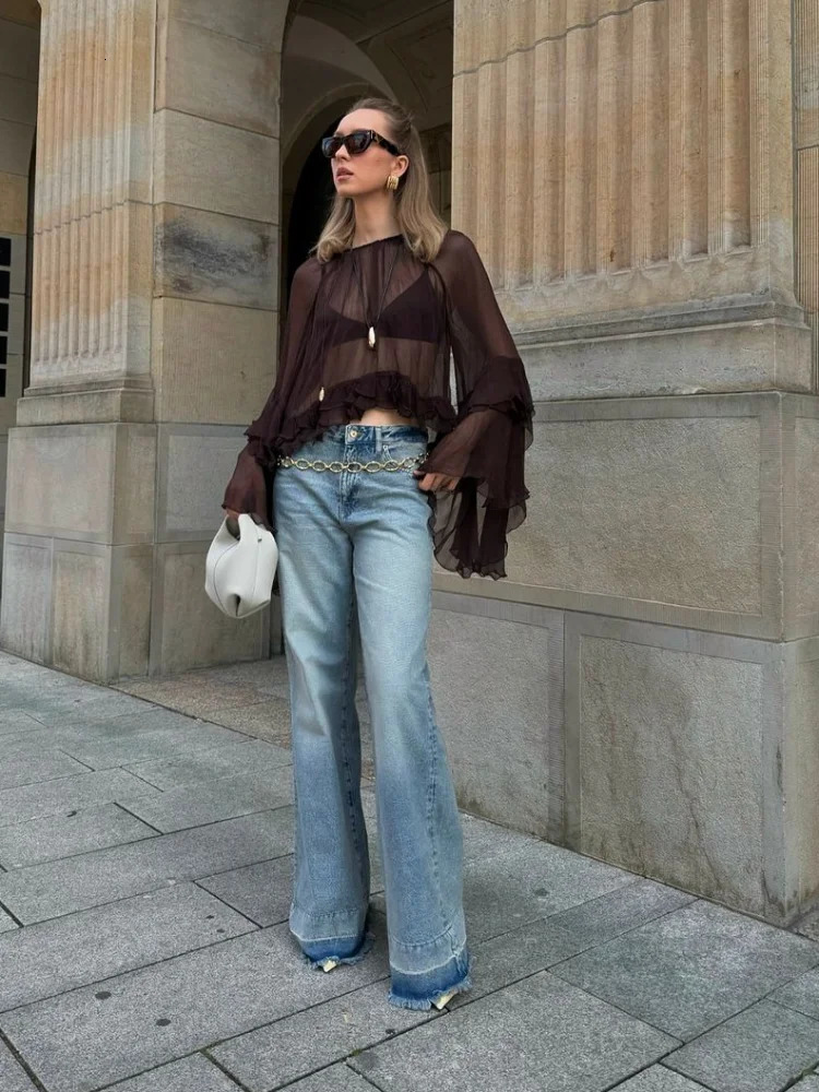 See through the folds at the hem of the laminated womens mesh shirt round neck plaid long sleeved loose shirt summer spring womens fashion top 250314