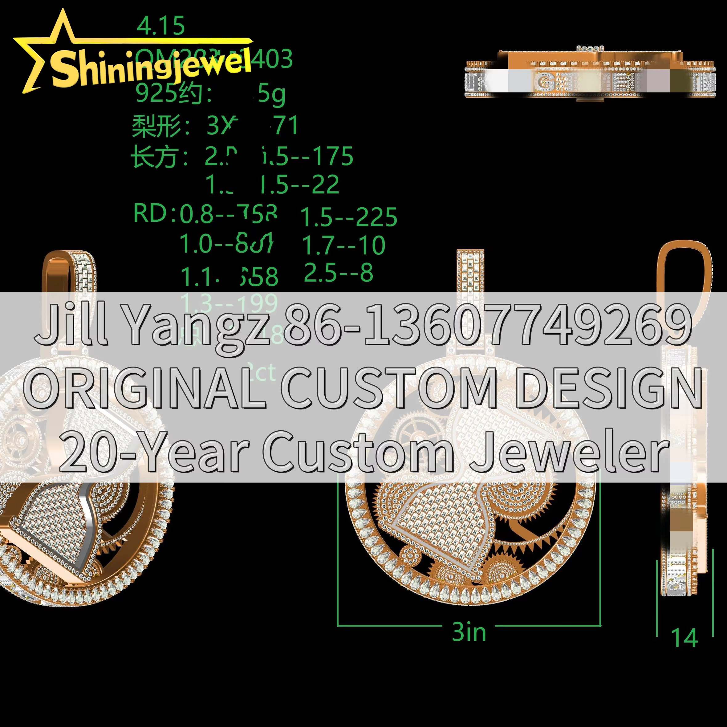 Custom Jewelry Maker Luxury Baguette Moissanite Spinning Pendant Hourglass Hip Hop Jewelry Rock Custom Moissanite Pendant