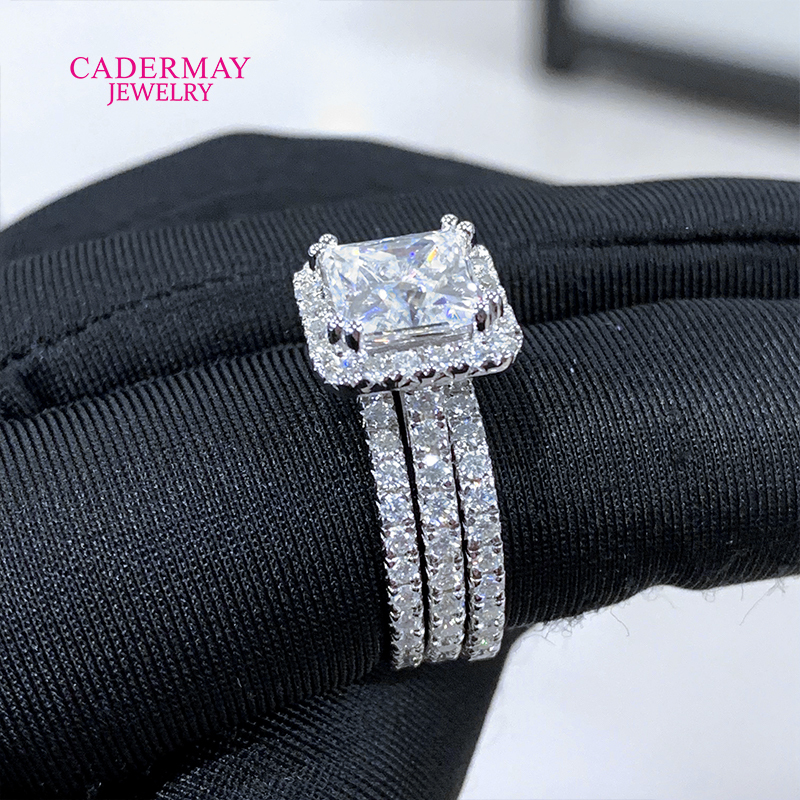 Cadermay 925 silver 3ct square princess cut vvs moissanite halo ring pave stacking engagement wedding ring set for women