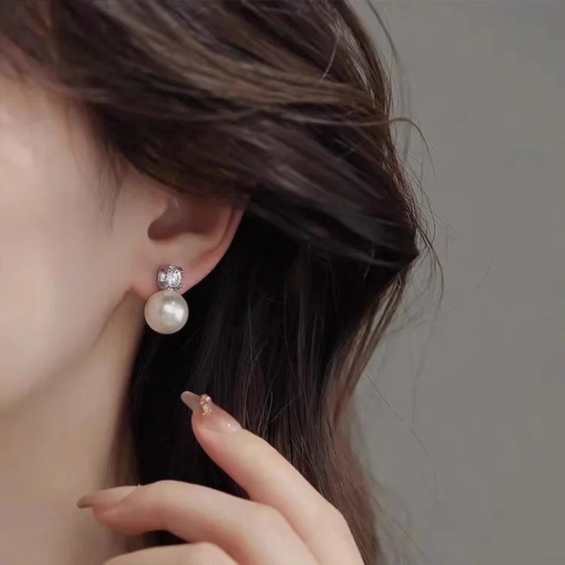 Anziw Real 925 Silver Stud Earrings 9mm Natural Freshwater Pearl 3.5mm Zircon Drop Earring for Women Girl Christmas Gift Jewelry 250314