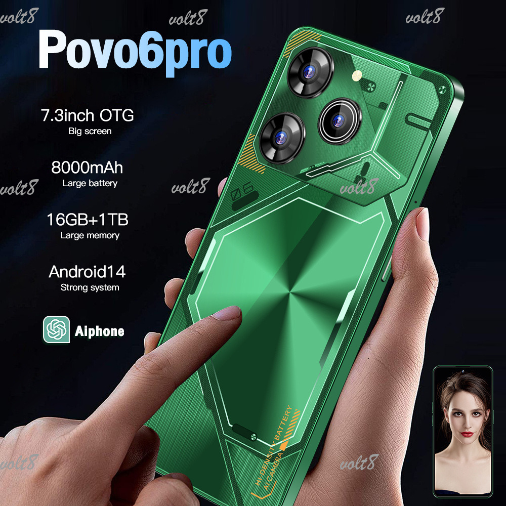 Povo6Pro smartphone large memory 16GB+1TB Cell Phones Unlock Touch Screen Phone Androids Camera Telephone HD Display Face Recognition