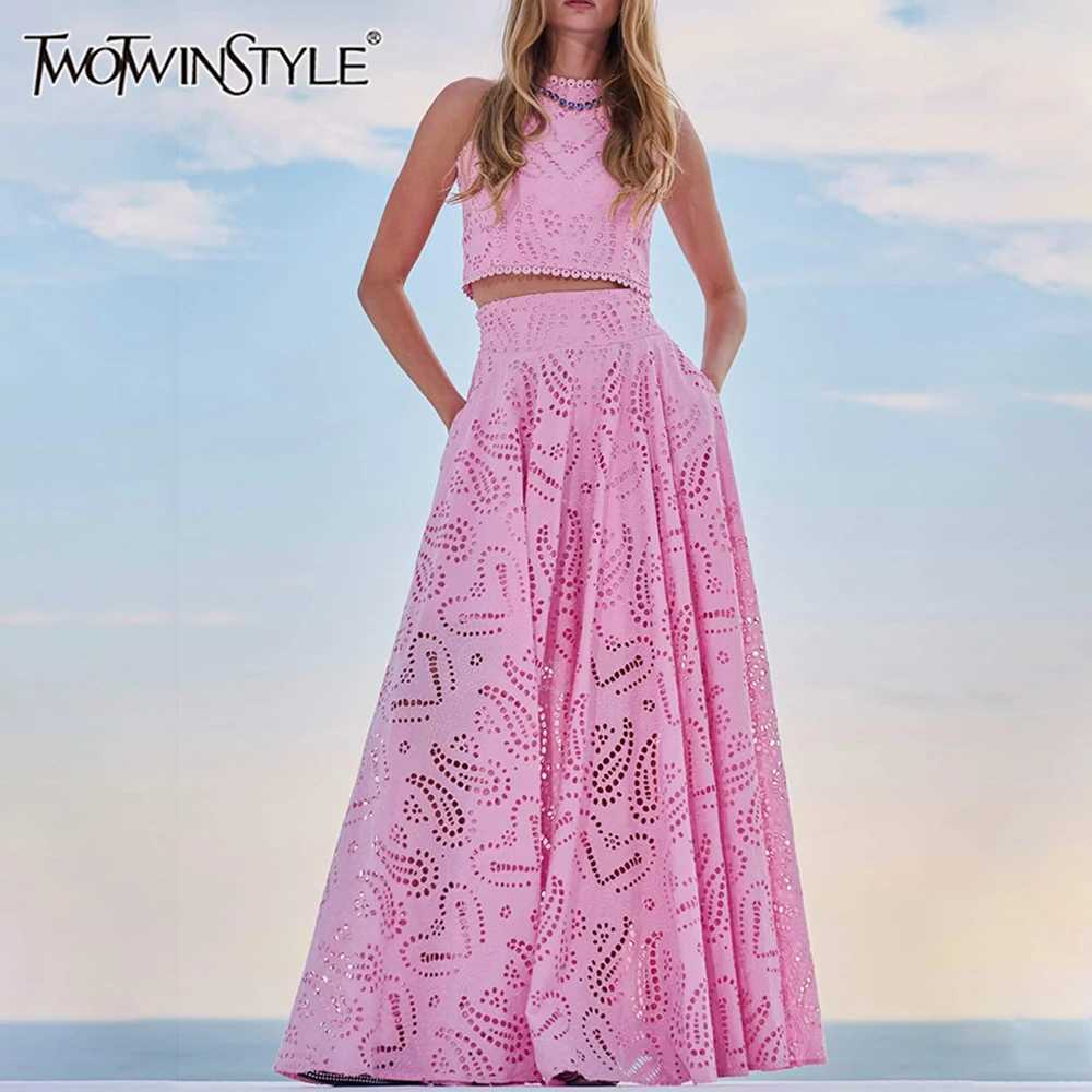 Two Piece Dress TWOTWINSTYLE Embroidered Two Piece Set Suitable for Womens O-Neck Slvel Hollow Top High Waist A-line Tight Weight Loss Set Y2503157EC5