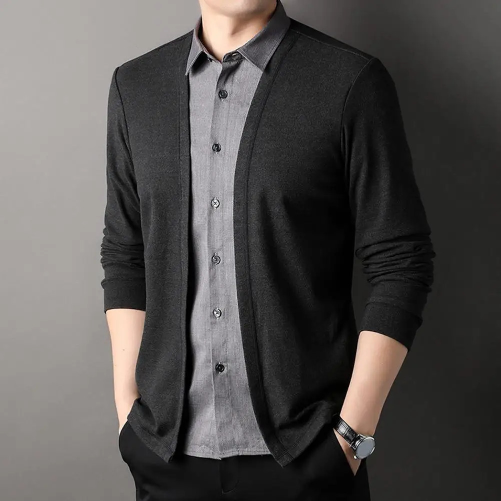 Mens Cardigan Sweater Twopiece Turndown Collar Singlebreasted Knitted Coat Color Matching Long Sleeves Formal Top 250311