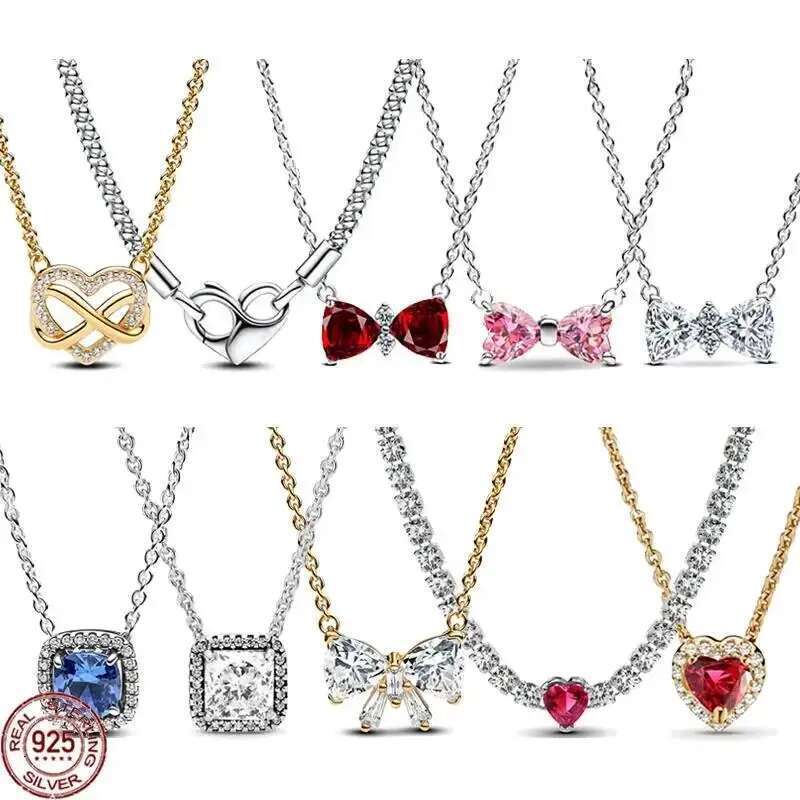 2025 New 925 Sterling Silver Classic Shiny Heart and Bow Square Pendant Necklace fit Charm DIY Women's Jewelry Surprise Gifts
