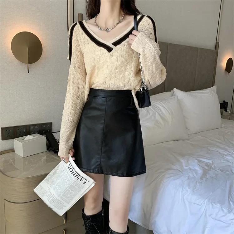 Plus Size Womens Mini PU Leather Skirt Black Bodycon HighWaisted Slimming ALine Spring Autumn AntiExpre 250312