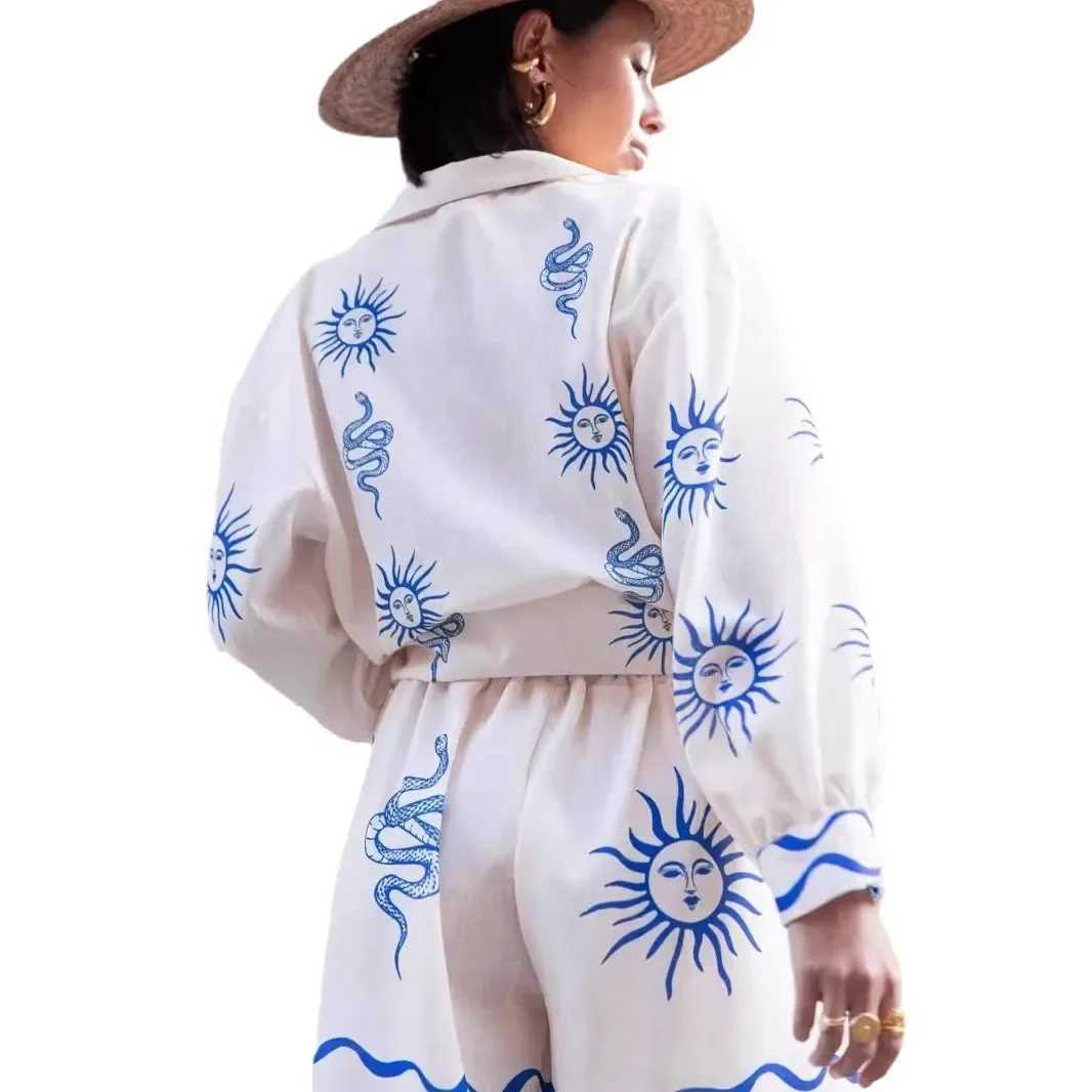 Two Piece Dress Fashion printed linen casual cardigan new model 2025 cross-border European and American style independent station Y250315DBR0