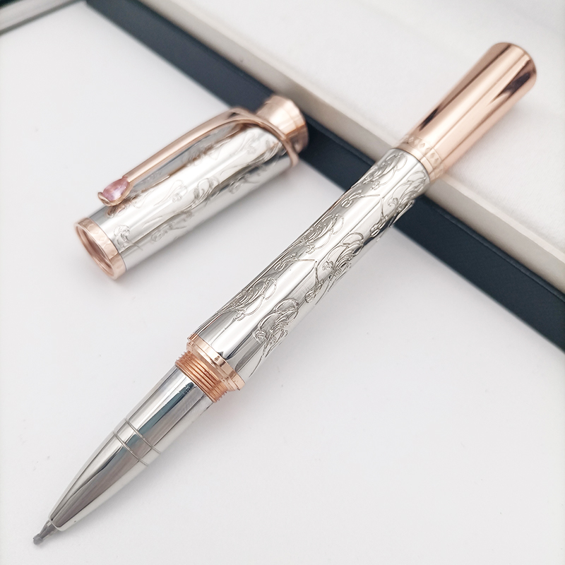 2026--wholesale Promotion Pen Grace Kelly Silver Carving Rollerball Ballpoint Pen With Teardrop Shape Diamond Stone Clip Writing Smooth Great Actress