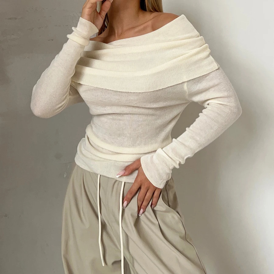 2025 Arrival Women Spring Sexy Off The Shoulder T Shirts Pullovers Stretch Women Long Sleeve Slim Tops Pull Femme 250314