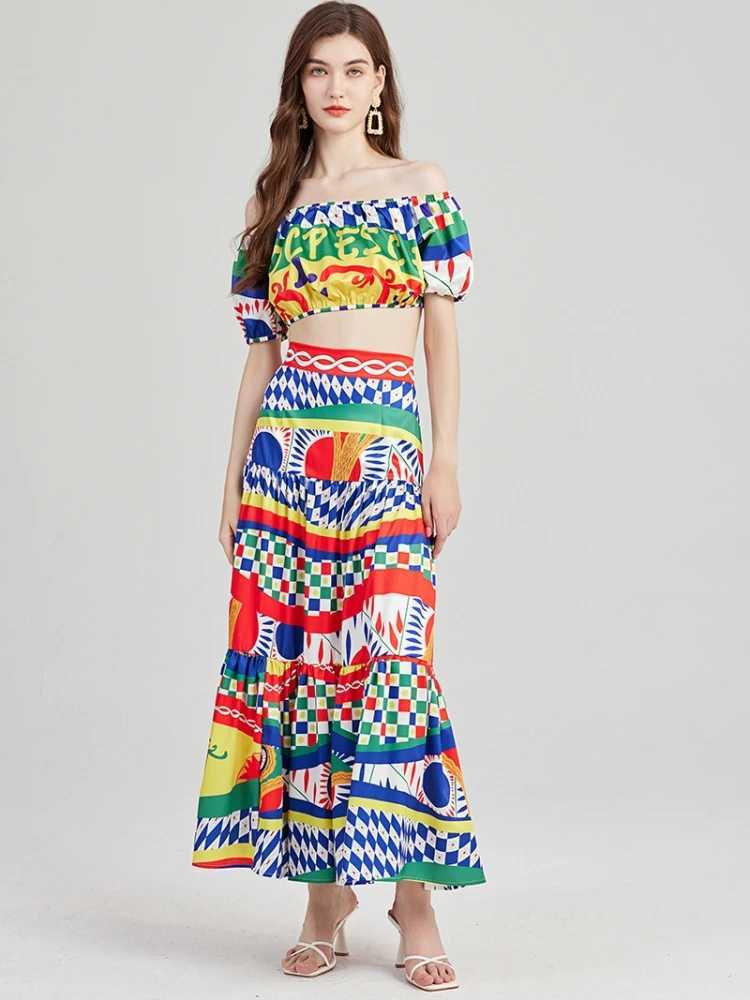 Two Piece Dress JAMERARY Summer Holiday Print Letters Two Piece Suits Womens Sexy Slash Neck Shoulder Off Crop Top + Plaid Long Maxi Skirts Set Y25031
