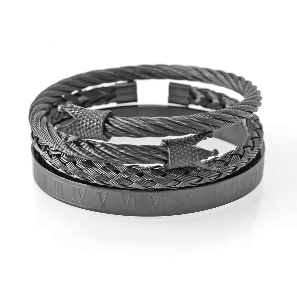 2025 New model European Jewelry Punk Hip Hop 3Pcs/Set Gold Plated Stainless Steel Royal Crown Screw Bangle Bracelet Set Men