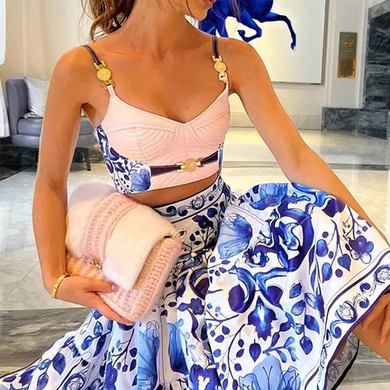 Two Piece Dress New Matching Set Womens Fashion Printed Short Top Maxi Skirts 2PCS Set Summer Slvel Casual Clothing Womens Set Direct Shipping Y250315