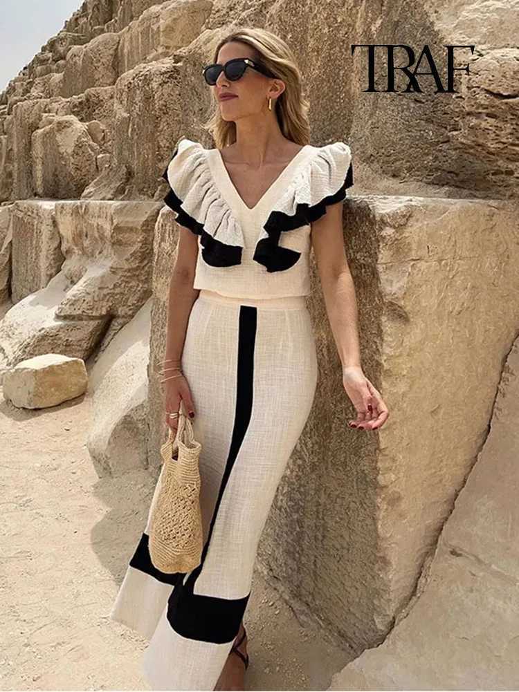Two Piece Dress Traf Womens Fashion Elegant Comparison Ruffle Grass Set Summer V-neck Sexy Back High Waist Chinese Half body Skiing Set Y250315T4FY