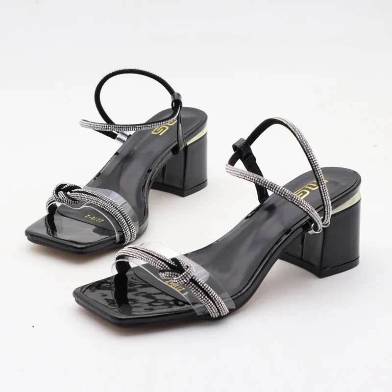 Glitter Slides Big Size Slippers Casual Square Heel High-Heeled Shoes Lady Low Slipers Women Black Sandals Jelly Block Fl