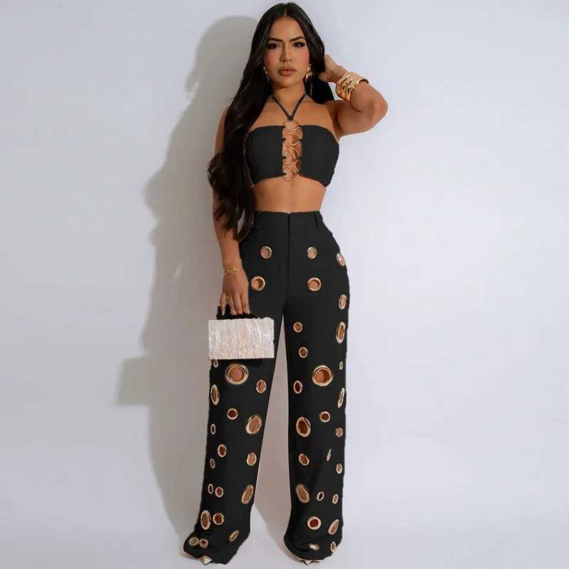 Women's Two Piece Pants Sexy Night Party 2-piece Womens Club Costume Festival costume crop free top and pants elegant Conjuntos Femininos Y250315