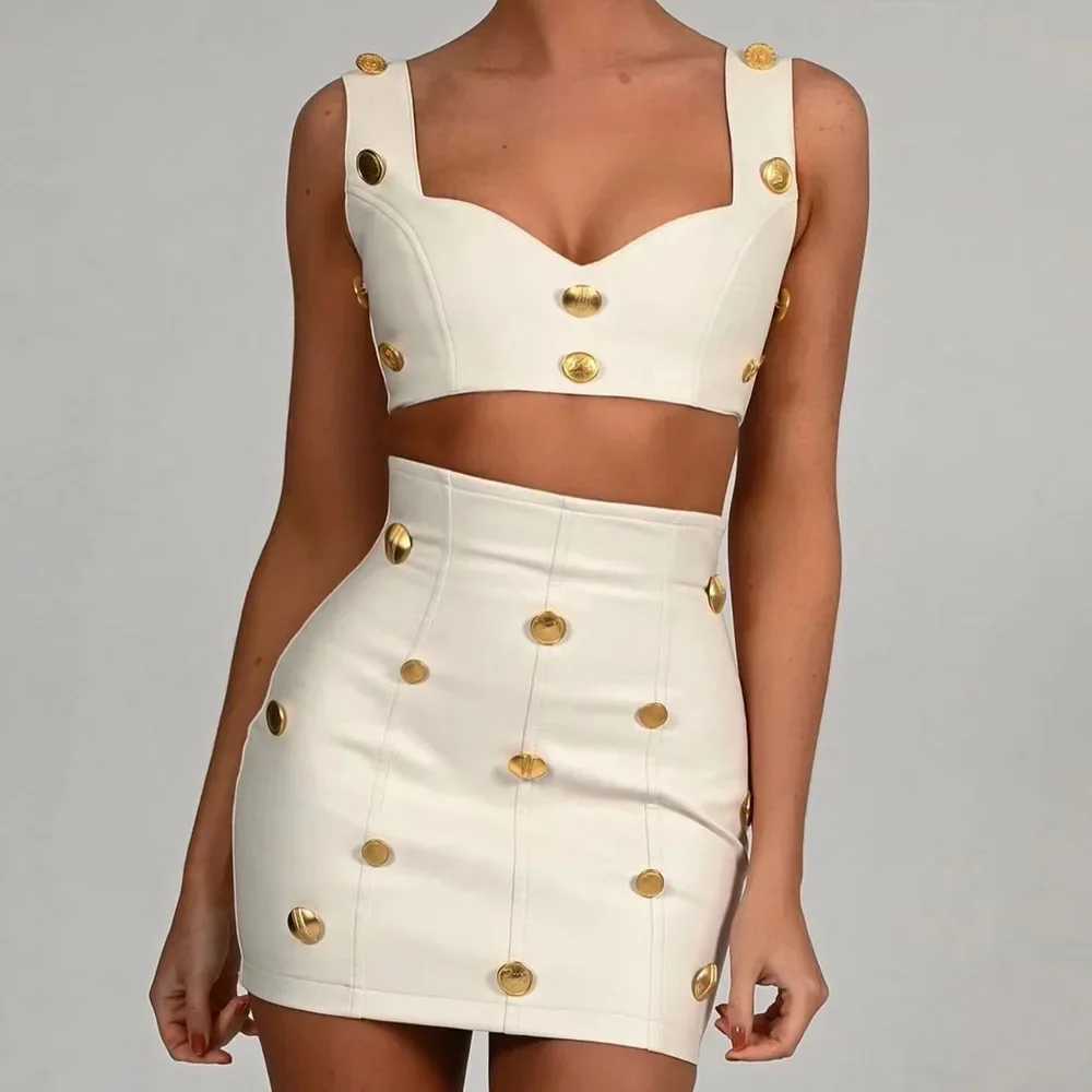 Two Piece Dress High end fashion casual womens mini Dr 2-piece set sexy shoulder strap clip waist top short skirt set Y250315JN20