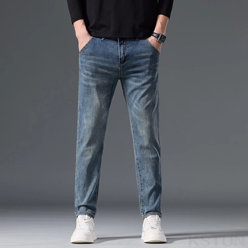 KSTUN Stretch Jeans Men Slim Fit Anklelength Pants Retro Blue Denim Fashion Pockets Designer Mens Clothing Streetwear 250312