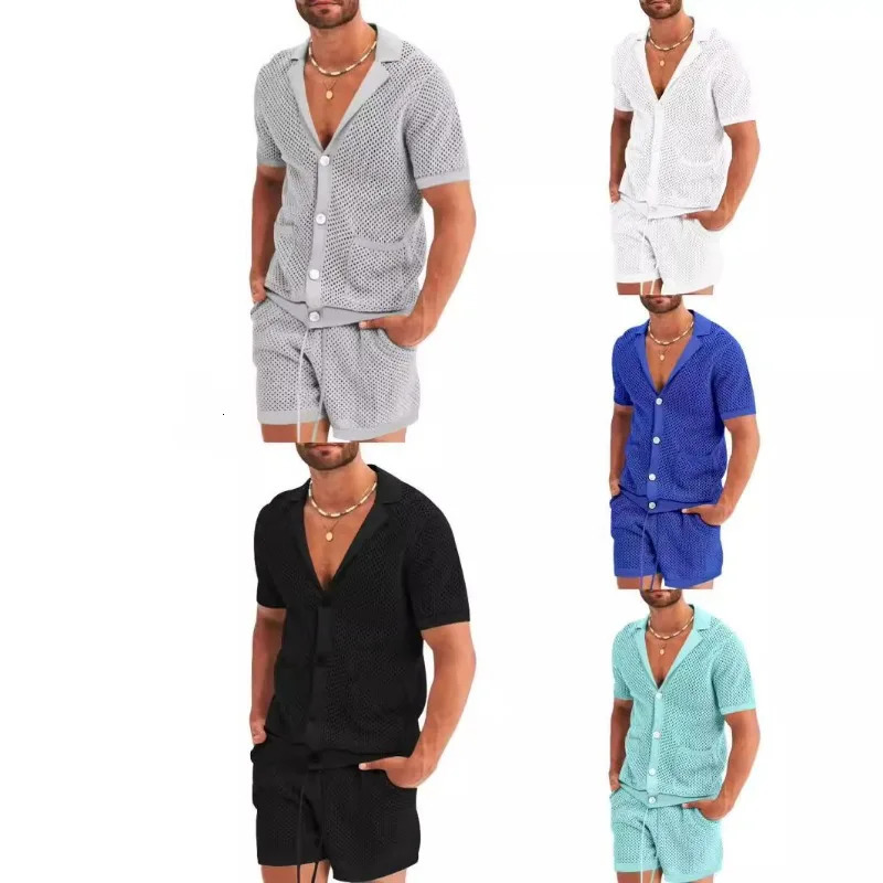 Sports and leisure suit mens hollow knitted T-shirt short sleeved shorts fashionable summer suit mens clothing 250314