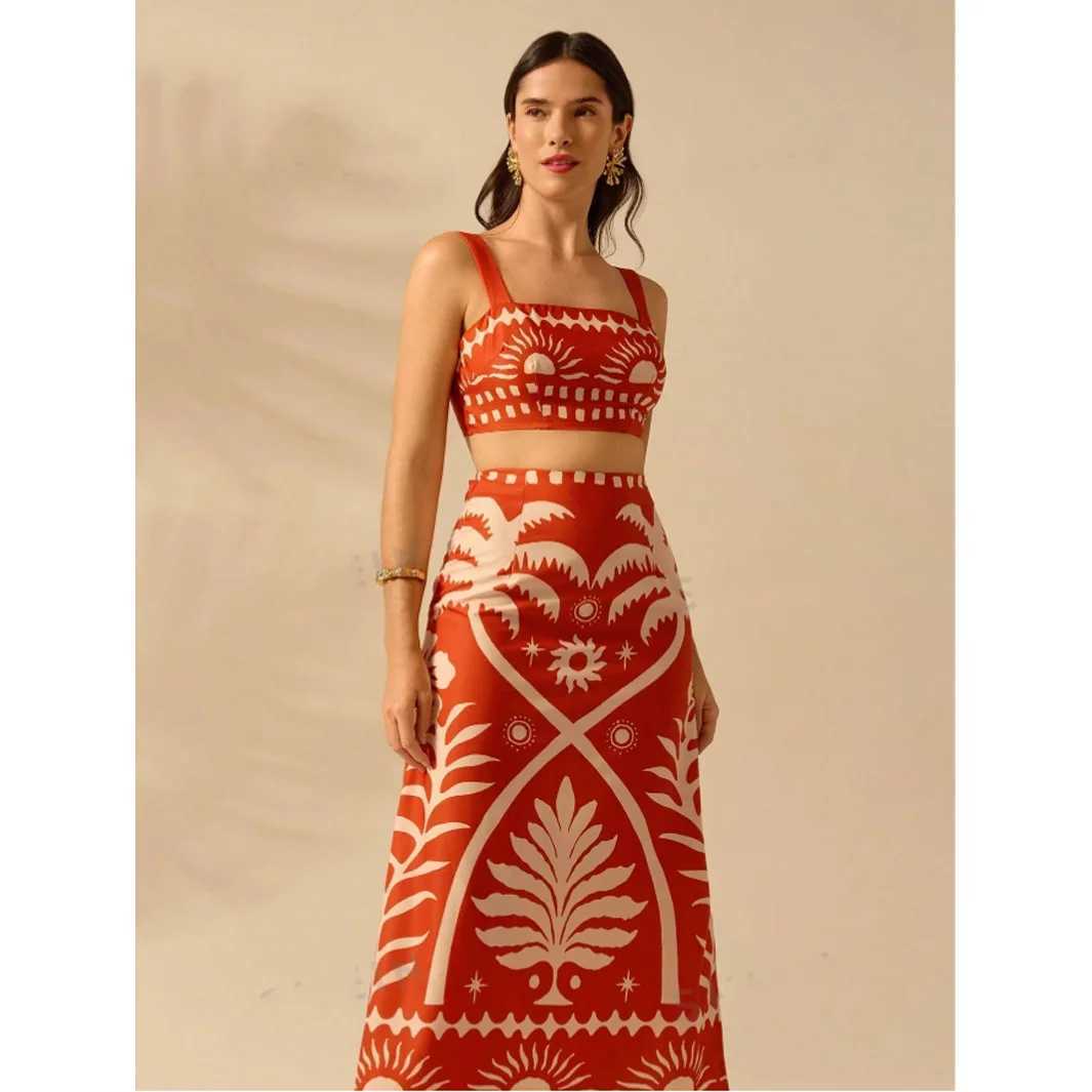 Two Piece Dress 2015 European and American Summer Vacation Coconut Tr Printed Short Strip Top and Fit Extra Long Leather Cover Y2503154HPX