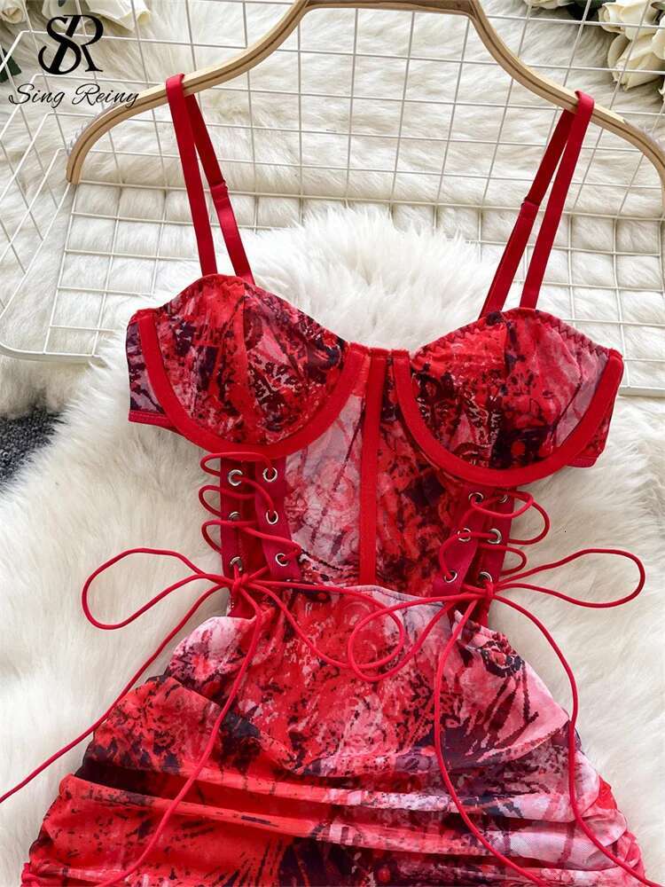 2025 new summer short women's strapless lace up hollow designer fashionable pleated slim fit printed sexy waist cinching dress4