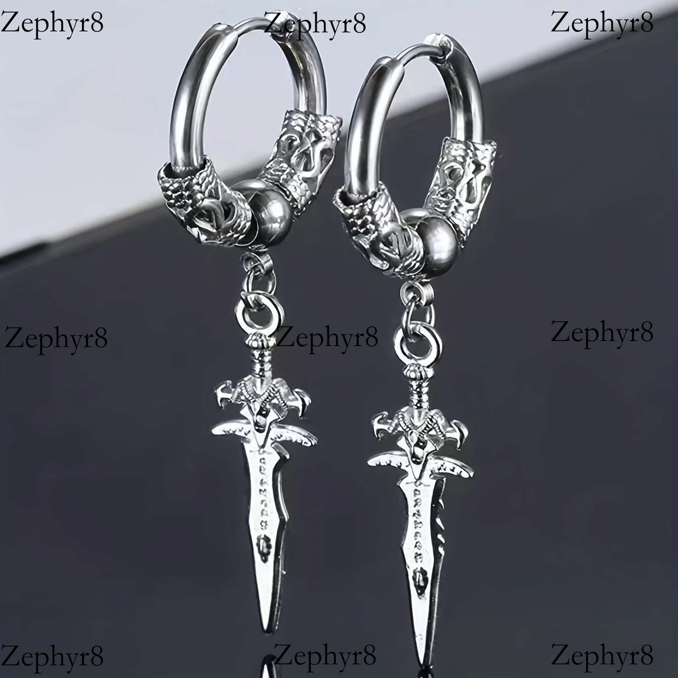 2025 New model 2pcs Stainless Steel Dragon Coil Sword Pendant Drop Hoop Earrings Unique Punk Hip Hop Style for Men Women Daily Wear Jewelry